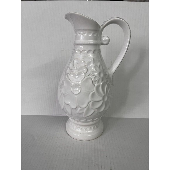 Bay W. Germany Vintage White Floral Ceramic Pitcher 12" - Picture 1 of 5